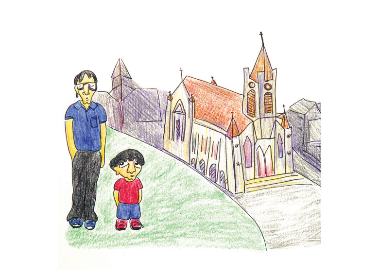 Illustration standing outside of church.