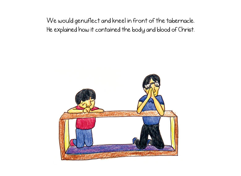 We would genuflect and kneel in front of the tabernacle. He explained how it contained the body and blood of Christ.