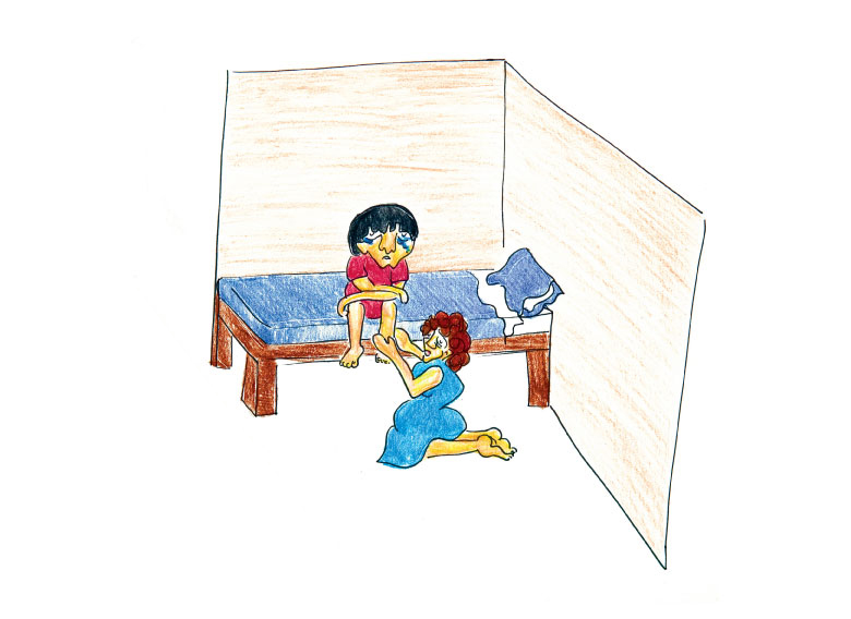 Illustration of mother soothing child's legs.